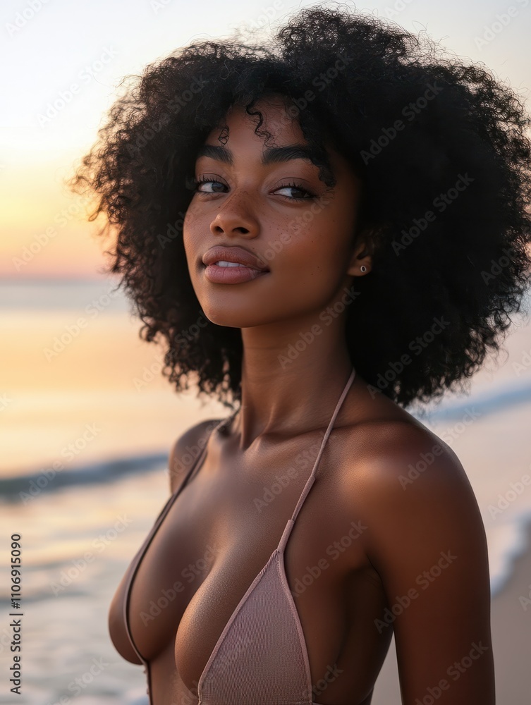 Smiling young black woman in beachwear enjoy sunset at beach. Satisfied beautiful girl with afro hair relaxing at beach during sunrise with copy space. African american woman daydreaming. Smiling young black woman in beachwear enjoy sunset at beach. Satisfied beautiful girl with afro hair relaxing at beach during sunrise with copy space. African american woman daydreaming.