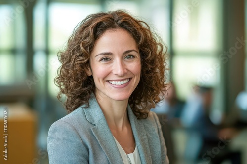 Professional woman confident smile curly hair business attire gray blazer office setting