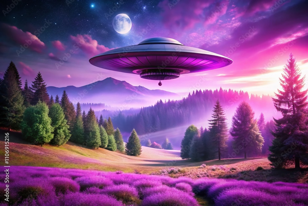 Enigmatic Double Exposure of a Purple Landscape with a Flying Saucer Hovering Above, Blending Nature's Beauty with Extraterrestrial Wonder in a Surreal Scene Enigmatic Double Exposure of a Purple Landscape with a Flying Saucer Hovering Above, Blending Nature's Beauty with Extraterrestrial Wonder in a Surreal Scene