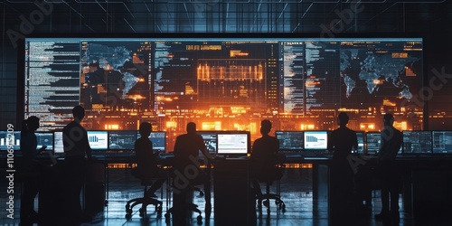 Software developers collaborating at high-tech monitoring center data analysis environment teamwork concept