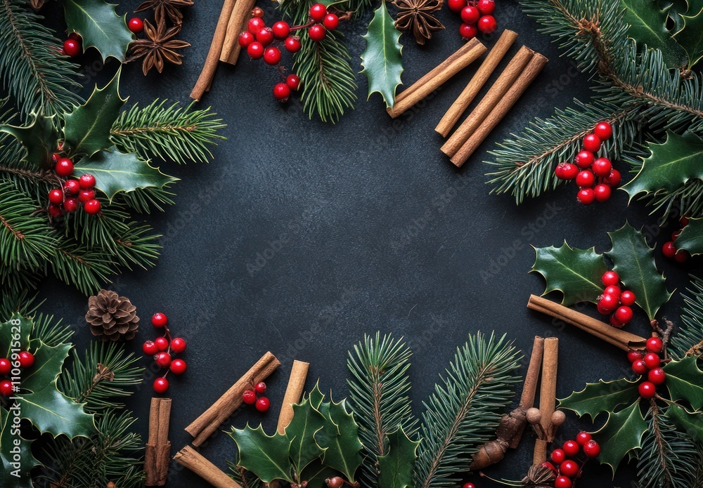 A festive arrangement of holly, cinnamon sticks, and pinecones on a dark background. A festive arrangement of holly, cinnamon sticks, and pinecones on a dark background.
