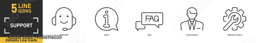Support line icon set. Set of 5 outline icons related to support, info, faq, assistance, service tools and more. Vector illustration.