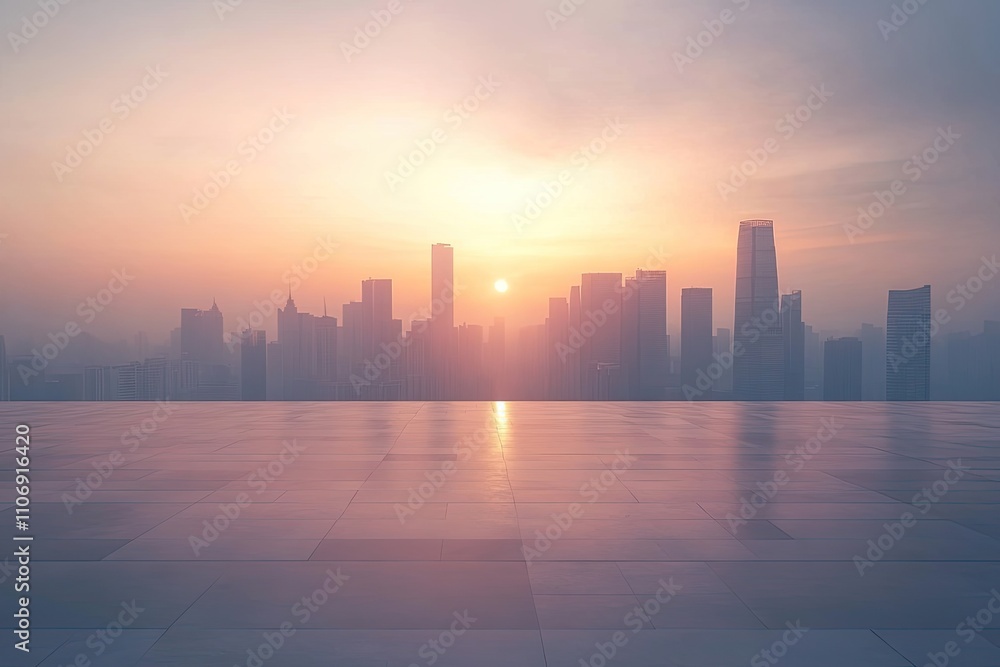 Empty square floor and city skyline with modern buildings at sunrise Empty square floor and city skyline with modern buildings at sunrise