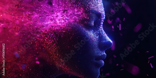 Digital portrait of a female face with colorful particles abstract art studio lighting conceptual expression