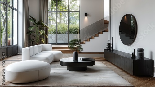 Wallpaper Mural Modern, sleek, large, living room, sideboard with a combination of dark black oak veneer and matte lacquer finish. Torontodigital.ca