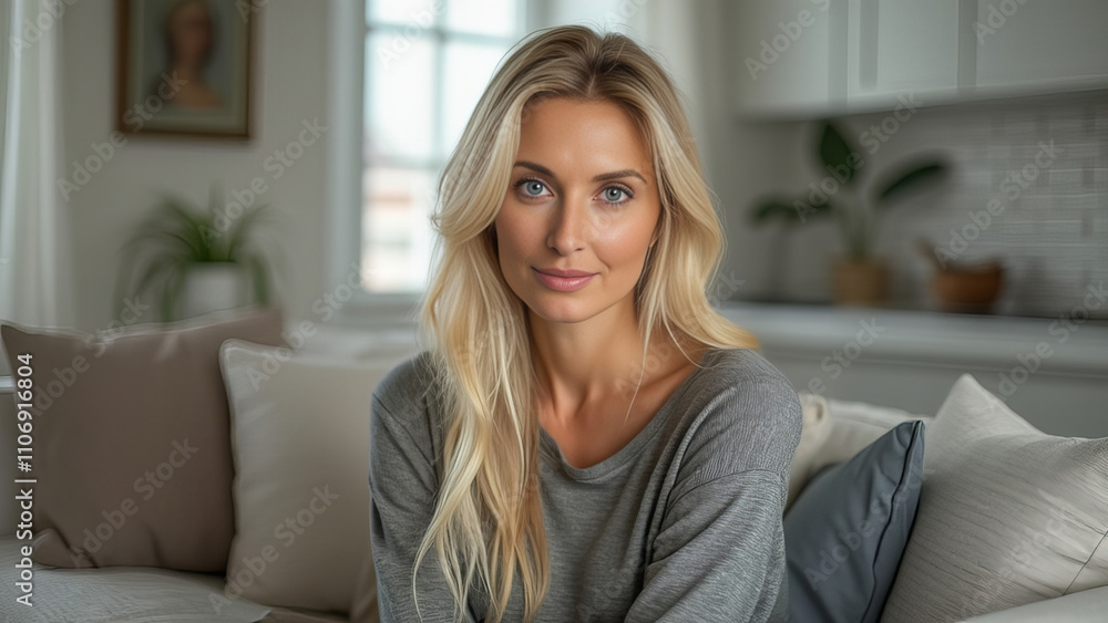 Portrait of a blonde woman sitting on a comfortable sofa in a bright, cozy living room with natural light and soft decor.
Portrait of a blonde woman sitting on a comfortable sofa in a bright, cozy living room with natural light and soft decor.