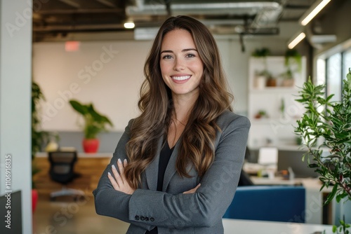 Professional woman office environment confident smile gray blazer long brown hair Free Download Professional woman office environment confident smile gray blazer long brown hair - GFXLoad