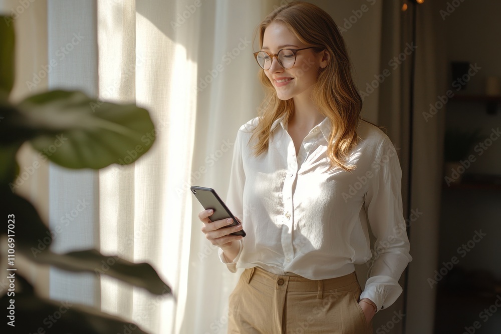 Professional woman office setting casual business attire white blouse khaki pants Professional woman office setting casual business attire white blouse khaki pants
