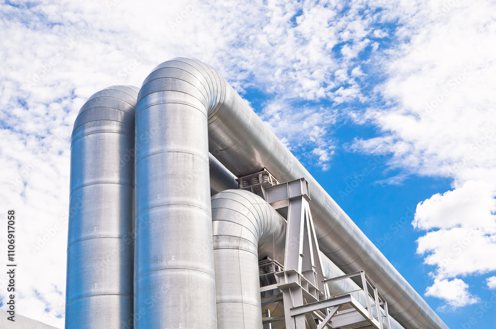 pipeline line close-up against blue sky and clouds