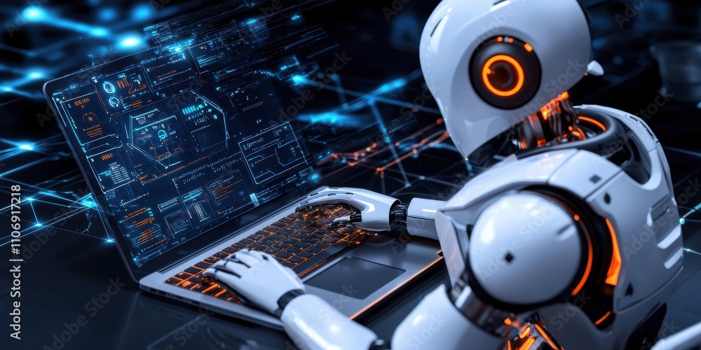 Robotic process automation engineer working on laptop in a futuristic workspace technology digital environment