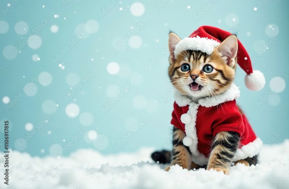 A cat in a Santa costume smiles while sitting in the snow. The background is pale blue with snowflakes. The kitten is happy. Merry Christmas, happy New Year. A place for the text. A web banner. A cat in a Santa costume smiles while sitting in the snow. The background is pale blue with snowflakes. The kitten is happy. Merry Christmas, happy New Year. A place for the text. A web banner.