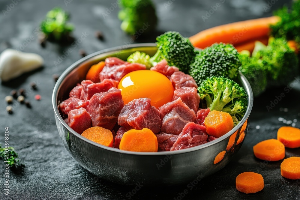 Raw meat chunks bright egg yolk stainless steel bowl fresh broccoli florets sliced carrots Raw meat chunks bright egg yolk stainless steel bowl fresh broccoli florets sliced carrots