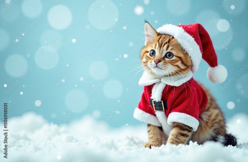 A cat in a Santa costume smiles while sitting in the snow. The background is pale blue with snowflakes. The kitten is happy. Merry Christmas, happy New Year. A place for the text. A web banner. A cat in a Santa costume smiles while sitting in the snow. The background is pale blue with snowflakes. The kitten is happy. Merry Christmas, happy New Year. A place for the text. A web banner.