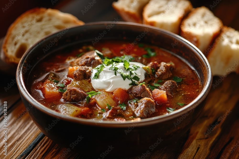 Rustic bowl of hearty soup vibrant red tomato broth, chunks of meat and vegetables Rustic bowl of hearty soup vibrant red tomato broth, chunks of meat and vegetables