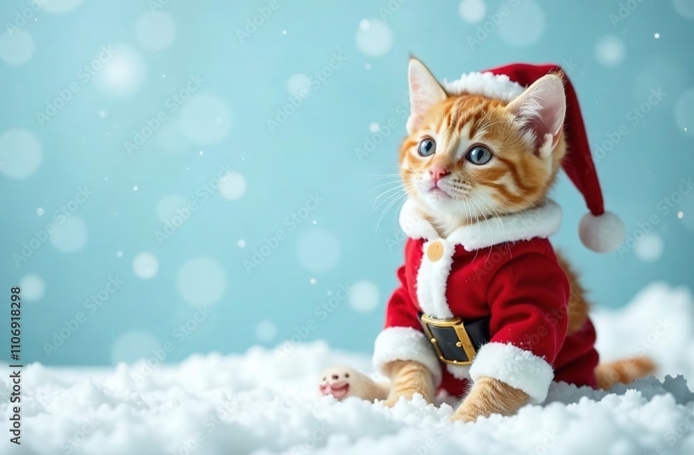 A cat in a Santa costume smiles while sitting in the snow. The background is pale blue with snowflakes. The kitten is happy. Merry Christmas, happy New Year. A place for the text. A web banner. A cat in a Santa costume smiles while sitting in the snow. The background is pale blue with snowflakes. The kitten is happy. Merry Christmas, happy New Year. A place for the text. A web banner.