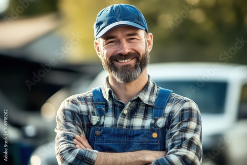 Rugged bearded man blue baseball cap plaid shirt denim overalls confident smile