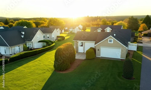 Suburban Family Homes with Spacious Yards with a row of modern family homes each with spacious yards and lush green lawns photo