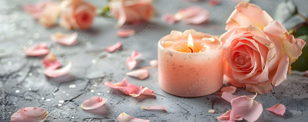 Pink Roses and a Lit Candle on a Grey Surface Pink Roses and a Lit Candle on a Grey Surface