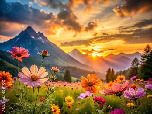 Evening Serenity: Lush Flowers in the Foreground with Blurry Mountain Peaks at Dusk, Capturing Nature's Beauty, Tranquility, and the Essence of a Peaceful Evening Landscape