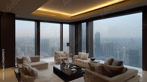 Modern living room with panoramic city views and large windows