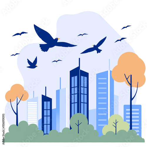 Eco-friendly urban skyline with sustainable architecture, renewable energy, and cranes lifting green symbols. Flat vector illustration for green building concepts. photo