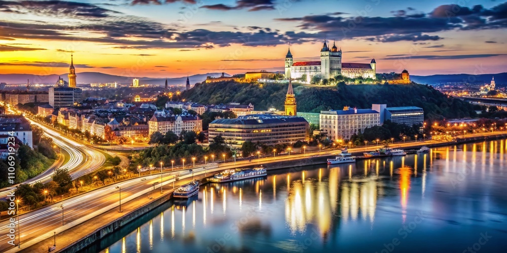 Fototapeta premium Evening View of Bratislava's Modern Business District with Long Exposure Lighting Showcasing Skyscrapers and Urban Landscape in Slovakia's Capital City