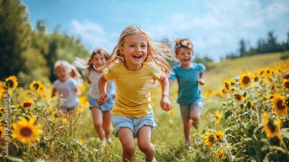 Happy children run through a sunflower field on a sunny day. Happy children run through a sunflower field on a sunny day.