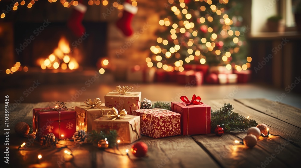 A cozy wooden table with wrapped gifts and fairy lights creates a warm holiday atmosphere. A cozy wooden table with wrapped gifts and fairy lights creates a warm holiday atmosphere.