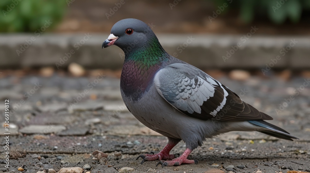 Close-up of a common pigeon standing on a paved ground. Close-up of a common pigeon standing on a paved ground.