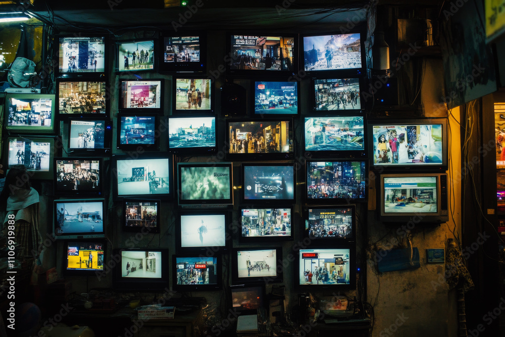 Large wall of illuminated digital screens displaying various images in dark room. Television addiction. Manipulation of people with the help of mass media. Entertainment and streaming content Large wall of illuminated digital screens displaying various images in dark room. Television addiction. Manipulation of people with the help of mass media. Entertainment and streaming content