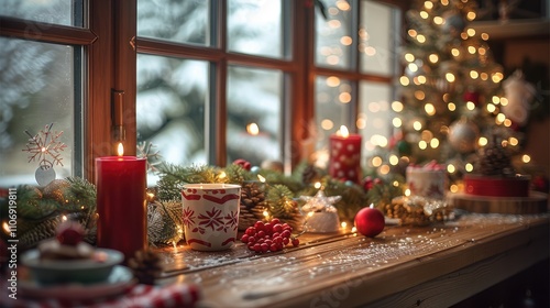 A cozy, festive kitchen decorated for Christmas, with warm ambient lighting. a centerpiece of pinecones, red candles, and greenery. The window is framed with twinkling fairy lights.