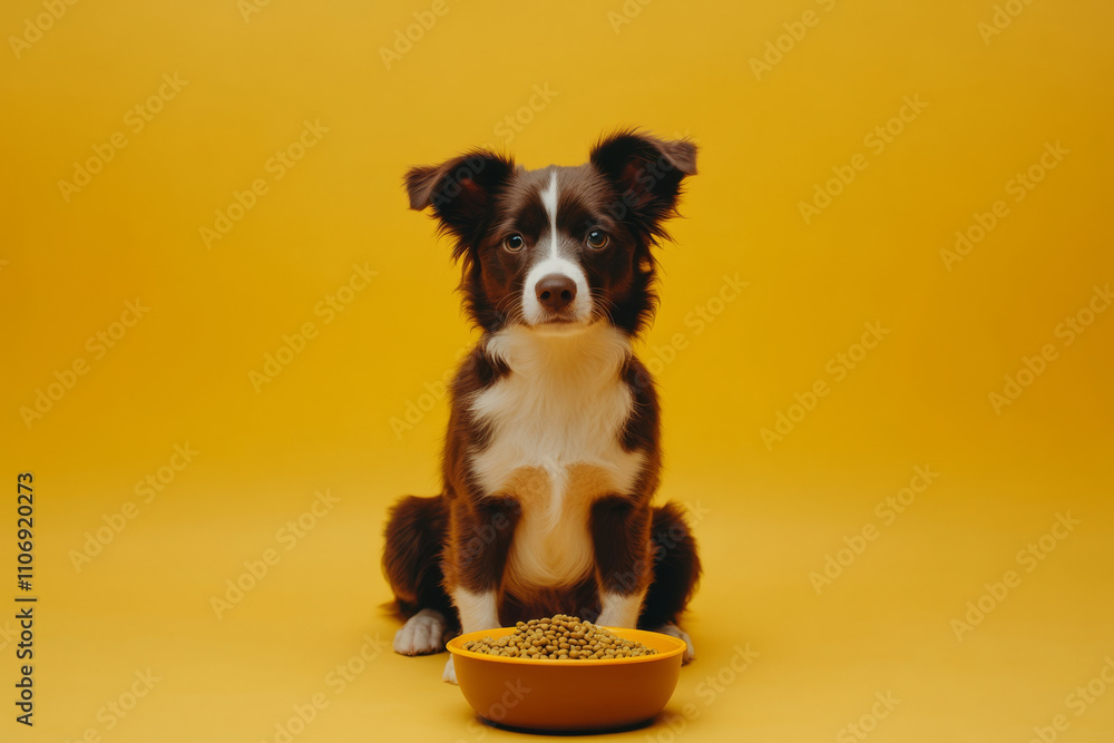 Hungry dog sits next to bowl of of dry pet food on yellow background. Animal feeding and pet care Hungry dog sits next to bowl of of dry pet food on yellow background. Animal feeding and pet care