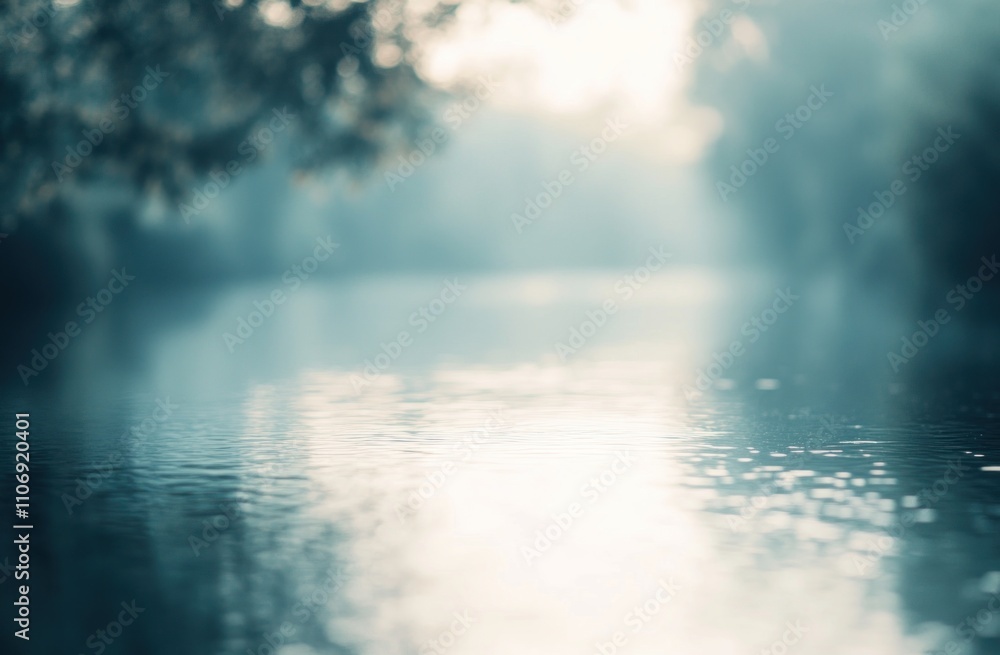 A serene, blurred view of a tranquil river reflecting soft light.