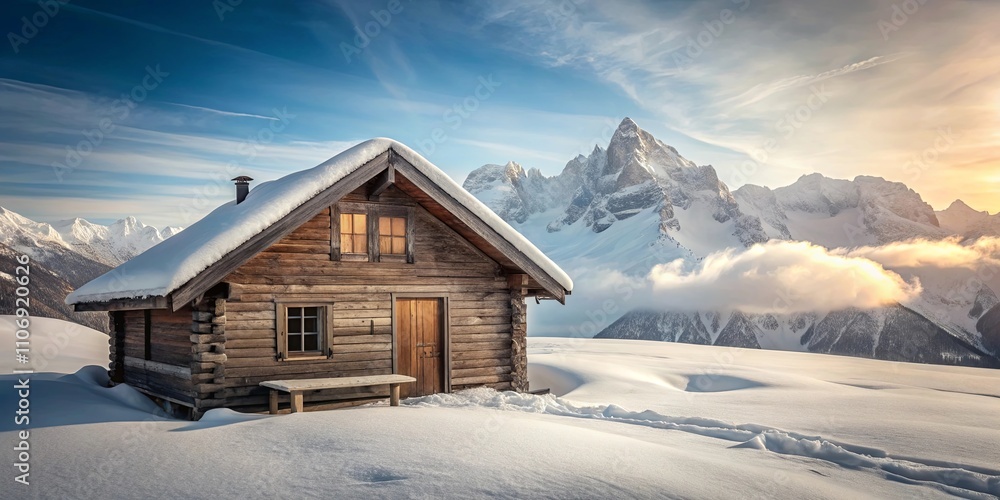 Rustic Wooden Cabin in a Snowy Mountain Landscape at Sunset