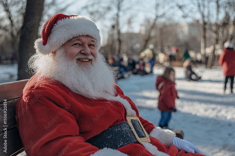 Obraz premium Santa Claus in a modern winter park, sitting on a bench with kids playing in the background, red outfit contrasting with snowy scenery, wide smile 3