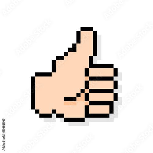 Pixel art of fingers gesturing thumb up sign. Pixelated hand gesturing okay and good sign.