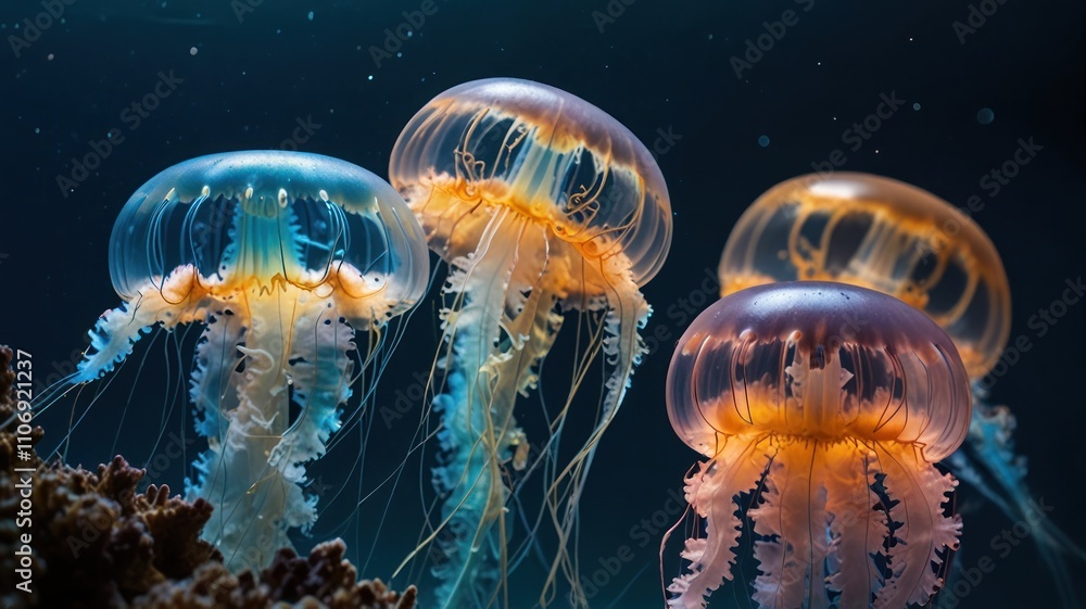 Fototapeta premium Three jellyfish swim gracefully in dark ocean water.