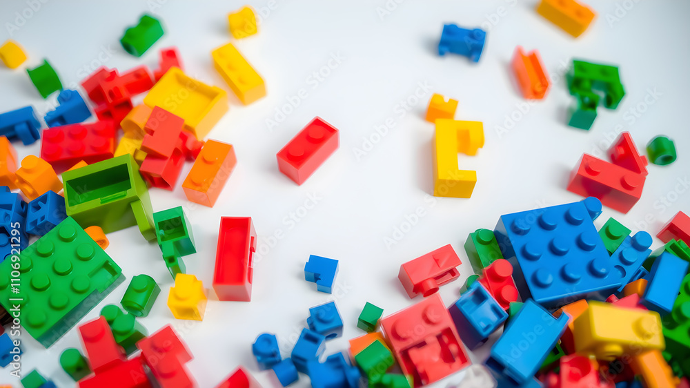 Plastic building bricks scattered on a white table, vibrant colors, ample space for text on the bottom. Generative AI Plastic building bricks scattered on a white table, vibrant colors, ample space for text on the bottom. Generative AI