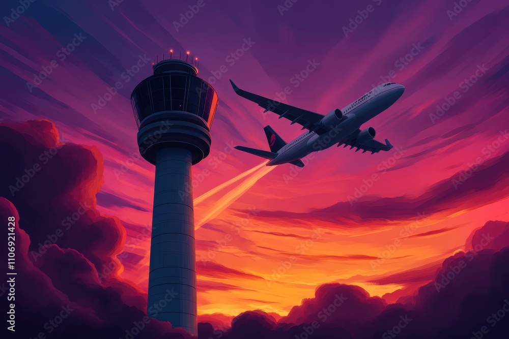 aviation control tower, the busy air traffic control tower stands amidst colorful skies with a majestic jetliner gliding in the background aviation control tower, the busy air traffic control tower stands amidst colorful skies with a majestic jetliner gliding in the background