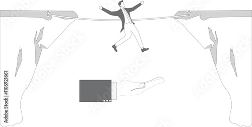 Big hand catching businessman who falling from rope tightrope