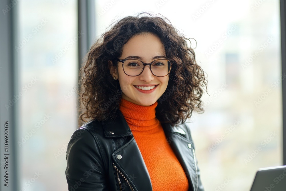 Young professional woman curly dark hair glasses bright smile orange turtleneck black leather jacket Young professional woman curly dark hair glasses bright smile orange turtleneck black leather jacket