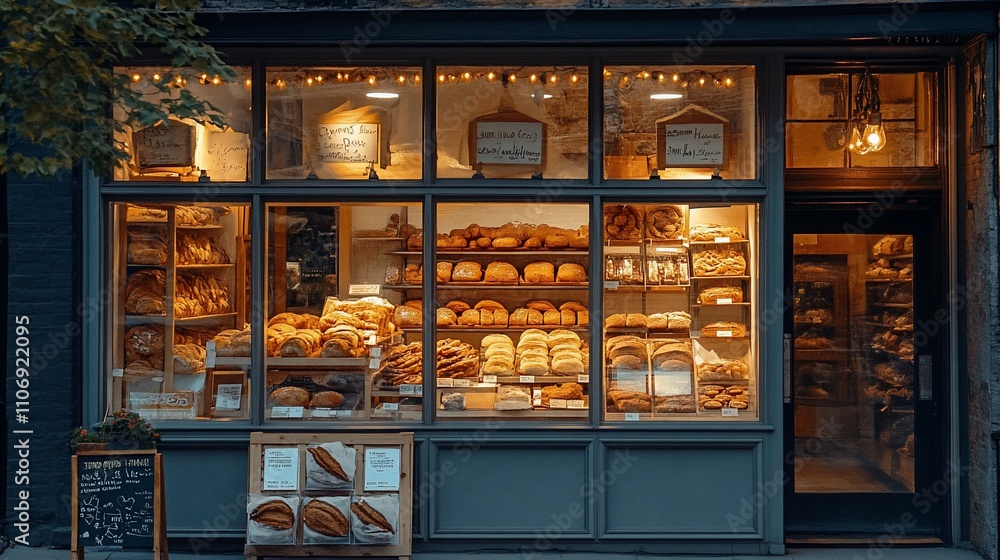 Cozy bakery storefront showcasing a variety of fresh breads and pastries. Cozy bakery storefront showcasing a variety of fresh breads and pastries.