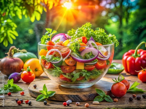 Exquisite Double Exposure Photography of a Vibrant Vegetarian Salad Featuring Fresh Tomatoes, Onions, Parsley, and Basil for Healthy Eating Concepts