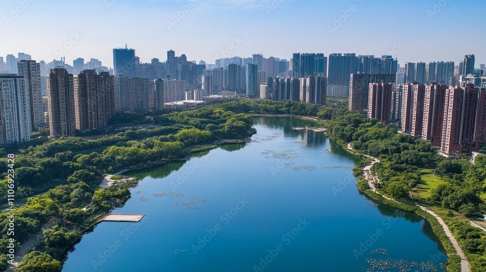 Obraz premium An Aerial View of a City with a Lake and Parkland