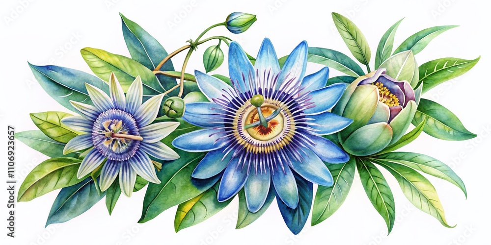 Fototapeta Exquisite Passion Flower Watercolor Illustration Featuring Vibrant Blue Blossoms, Perfect for Herbal Plant Enthusiasts and Decorative Art Displays with Ample Copy Space for Text