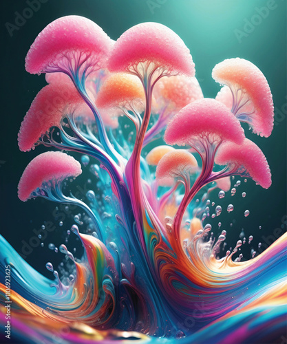 A hyperrealistic, surreal tree with a pink-blue canopy and flowing roots merging into iridescent liquid, in cinematic 8k detail