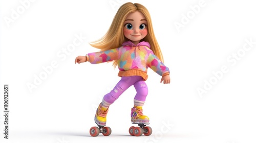 A cheerful animated girl roller skating in colorful attire.