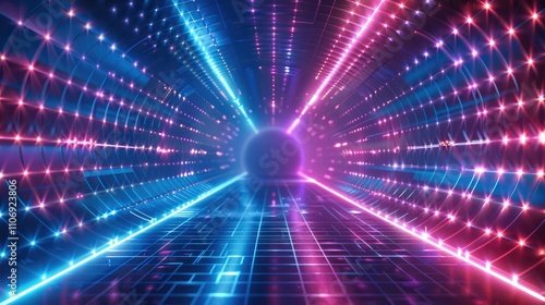 Abstract neon blue and pink laser grid tunnel background, with glowing lines for digital video wall or virtual reality space.