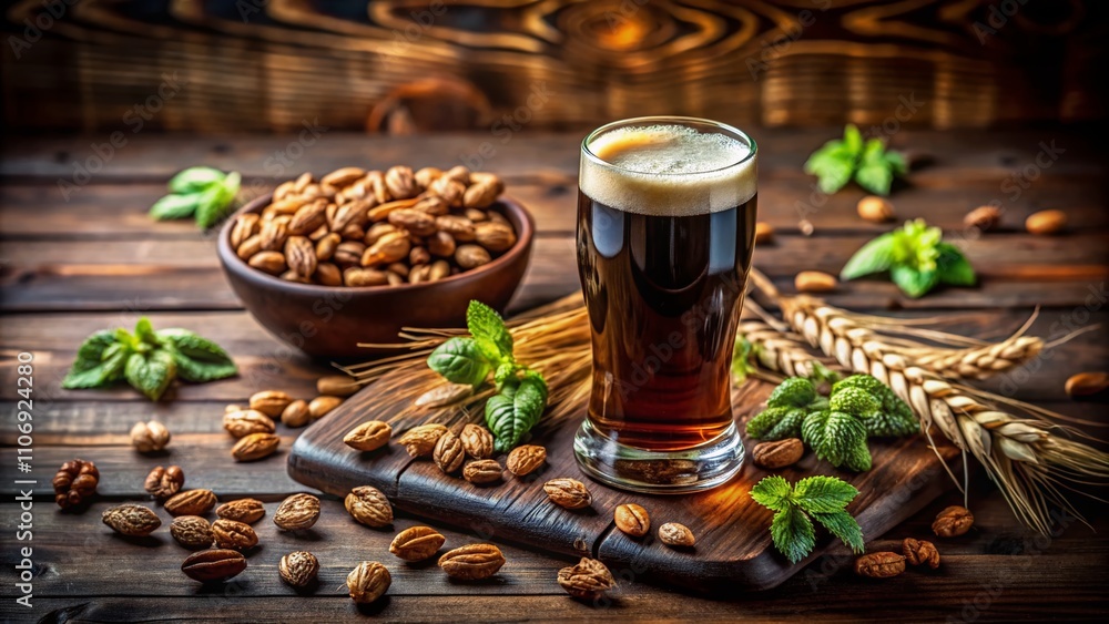 Exquisite Tilt-Shift Photography of a Craft Walnut Beer Glass Filled with Dark Beer on a Rustic Wooden Table Surrounded by Barley and Hops for Unique Beverage Aesthetics Exquisite Tilt-Shift Photography of a Craft Walnut Beer Glass Filled with Dark Beer on a Rustic Wooden Table Surrounded by Barley and Hops for Unique Beverage Aesthetics