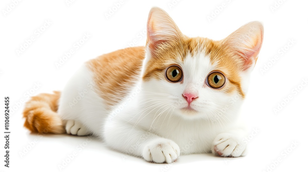 A cat with a white face and orange fur is laying on a white background A cat with a white face and orange fur is laying on a white background